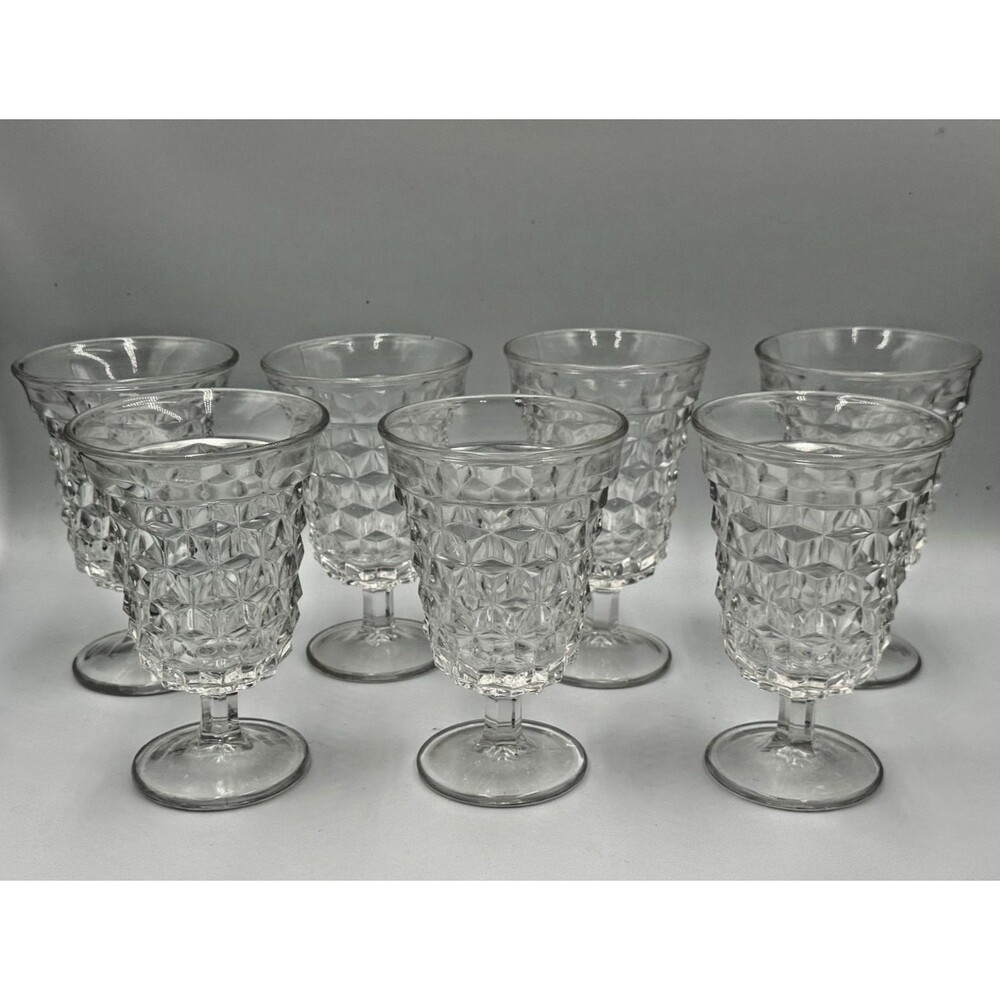 FOSTORIA American Clear Low Water Goblet Glasses Set of 7 Vintage Cube Glassware